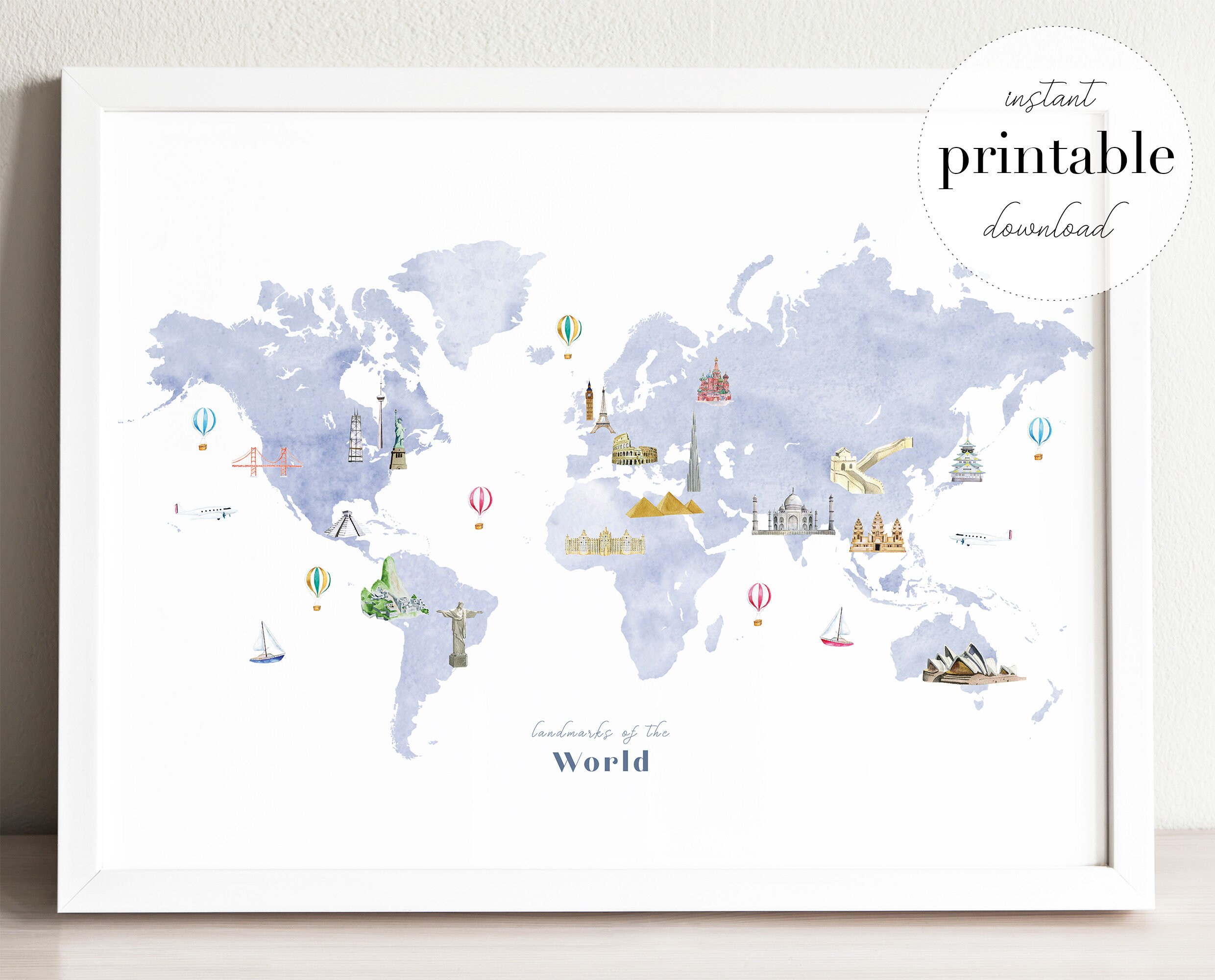 Landmarks of the World Map Printable Wall Art Print Nursery | Etsy