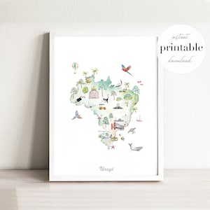 Brazil Illustrated Map Printable, wall art print, nursery decor, landmark, kids room, travel print, drawing, country map, brazil map, boho