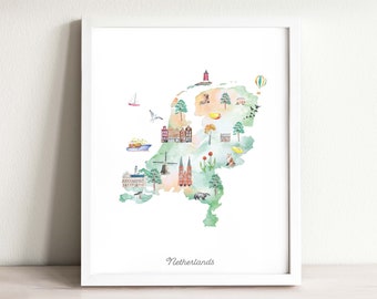 Impression d'art de carte des Pays-Bas, art mural, décoration de chambre d'enfant, art de pépinière, chambre d'enfants, affiche de carte du monde, carte des Pays-Bas, carte de voyage, carte aquarelle, bohème