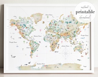 Gradient Educational World Map Printable | Nursery Decor World Map | Countries Map Print | World Map Wall Art | Homeschooling Montessori