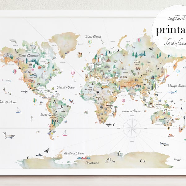 Gradient Educational World Map Printable | Nursery Decor World Map | Countries Map Print | World Map Wall Art | Homeschooling Montessori