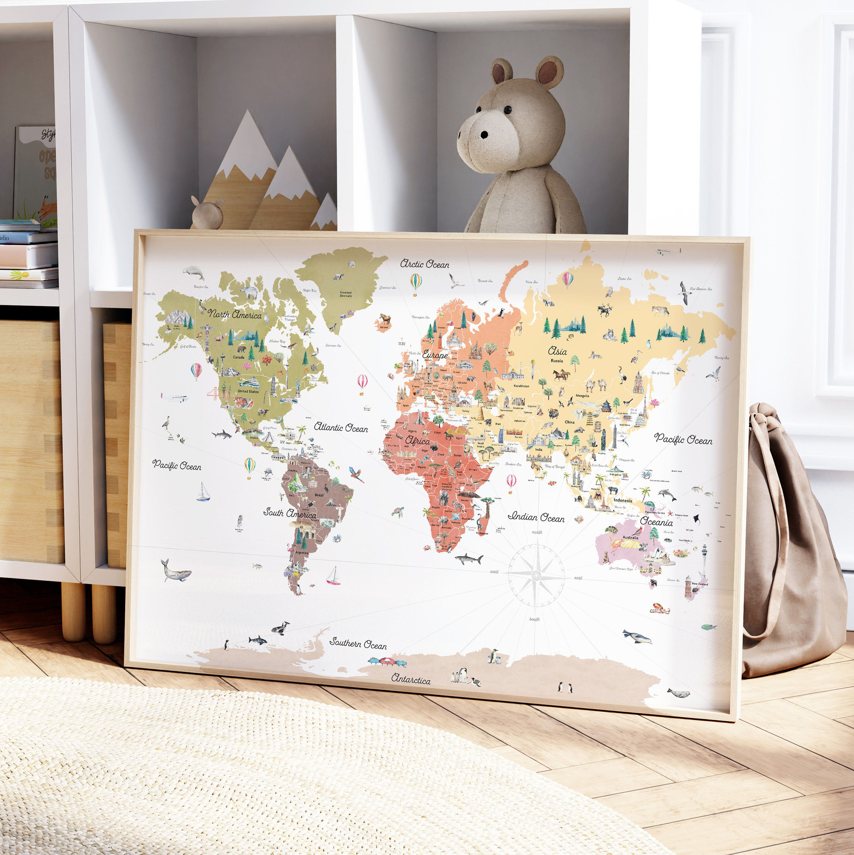 Earth Tones Educational World Map | Boho Kids Wall Art | Kids World Map | Nursery Decor Travel Art Print | Illustrated World Map Home Decor