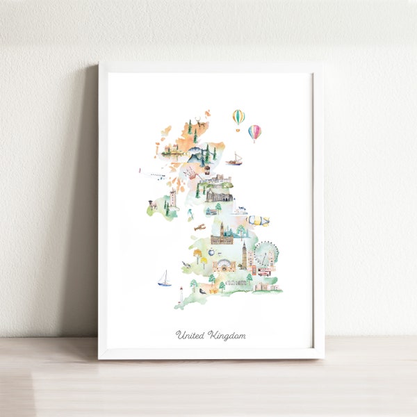 United Kingdom Illustrated Map Art Print, watercolor nursery decor, country map poster for kids rooms, nursery art, travel map, map print