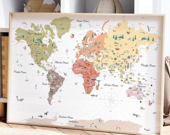 Educatieve wereldkaartafdruk met landen, randen en monumenten | Warme aardetinten | Kinderkamerdecoratie