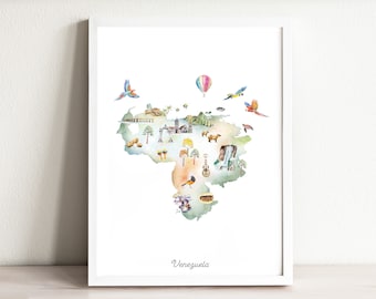Venezuela Illustrated Map Art Print, watercolor nursery decor, country map poster for kids rooms, nursery art, travel map, wanderlust