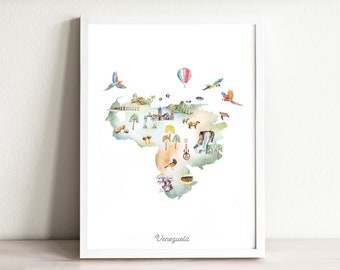 Venezuela Illustrated Map Art Print, watercolor nursery decor, country map poster for kids rooms, nursery art, travel map, wanderlust