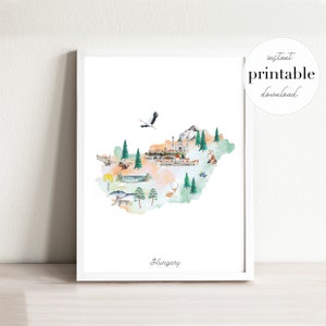 Carte illustrée de la Hongrie imprimable, impression d'art mural, décoration de chambre d'enfant, point de repère, chambre d'enfant, impression de voyage, dessin, carte de pays, carte de la Hongrie