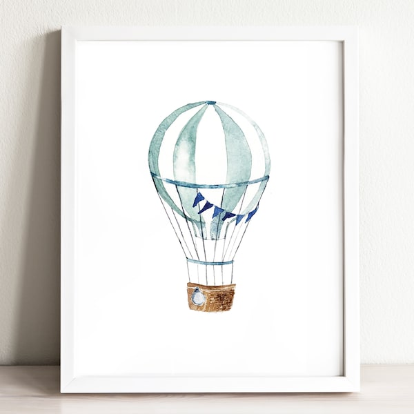 Teal Hot Air Balloon Art Print, illustration, wall art print, nursery decor, kids room, travel print, travel art, cute print, baby room