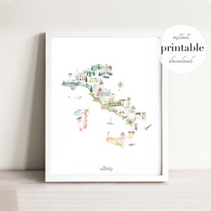 Italien illustrierte Karte, Kunstdruck, Wandbild, Kinderzimmer Dekor, Sehenswuerdigkeiten, Kinderzimmer, Zeichnung, Tier Karte, Landkarte