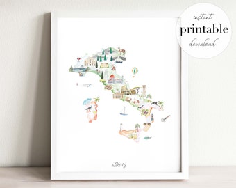 May include: A printable map of Italy with watercolor illustrations of landmarks and icons. The map is white with green, blue, and brown accents. The text "instant printable download" is in the upper right corner. The text "Italy" is at the bottom of the map.