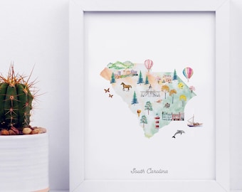 South Carolina Map Art Print: Watercolor State Illustration
