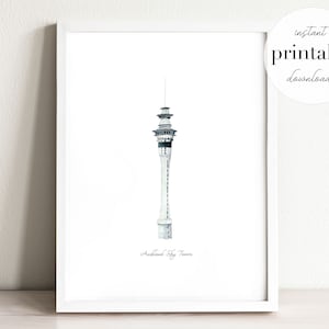 Sky Tower New Zealand Printable, illustratie, kunstprint, kinderkamerdecor, oriëntatiepunt, kinderdecor, reisdruk, reizen, aquarel, interieur