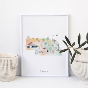 Carte illustrée de l'État du Nebraska, impression d'art mural, décoration de chambre d'enfant, art mural de chambre d'enfant, affiche de carte d'État, carte de voyage aux États-Unis, chambre d'enfant, aquarelle