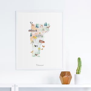 Impression d'art de carte d'état aquarelle illustrée du Vermont | affiche de carte, décoration de chambre d'enfant de voyage, art mural de chambre d'enfant, affiche de carte d'état, carte de voyage