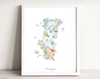 May include: A framed wall art print featuring a watercolor map of Portugal in soft pastel tones. The map is decorated with small illustrations of landmarks, animals, and cultural icons. The word Portugal is printed in a cursive script at the bottom.