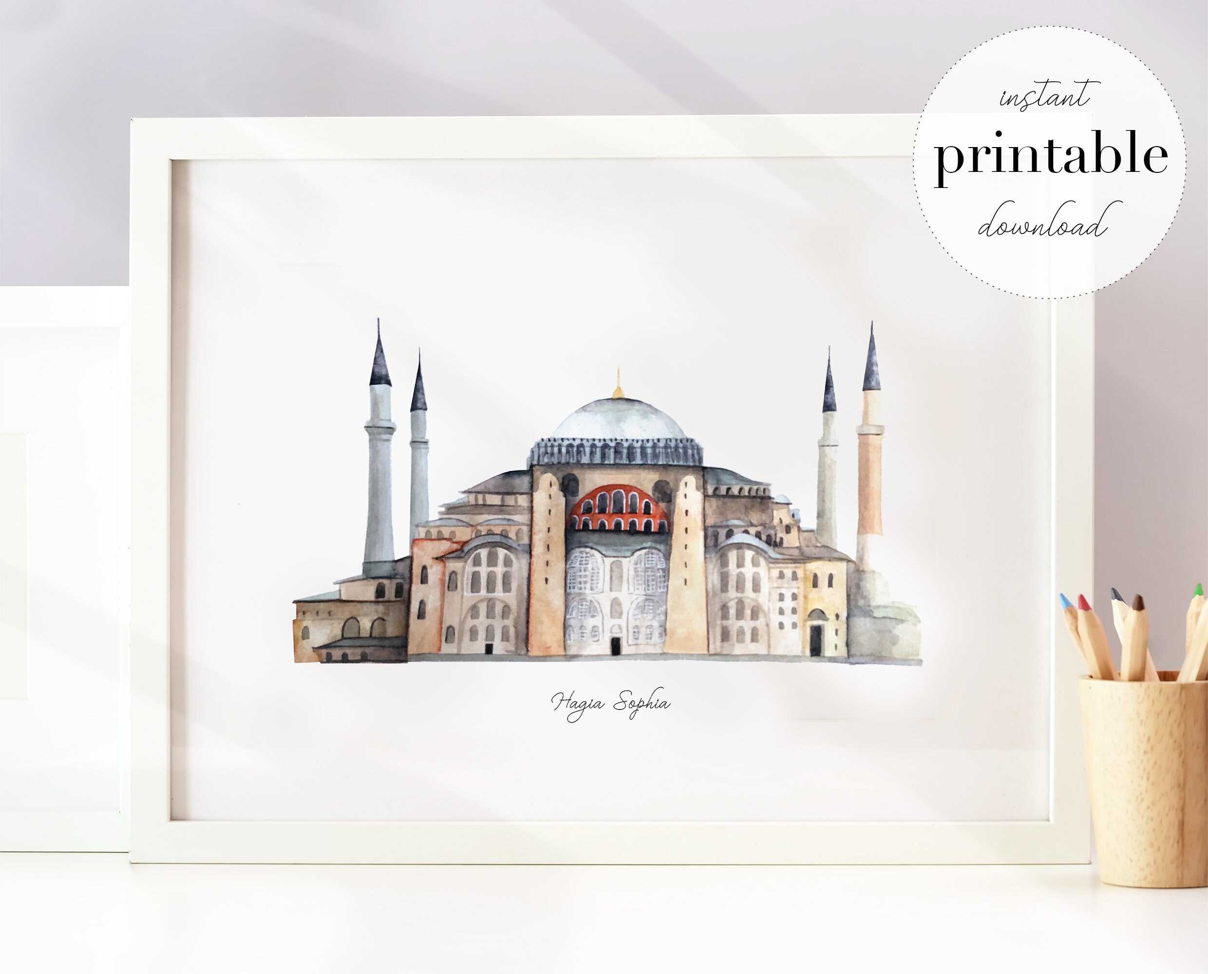 Hagia Sophia Printable illustration || wall art print, landmark drawing, Turkey, watercolor, kids room, travel print, travel art, Istanbul