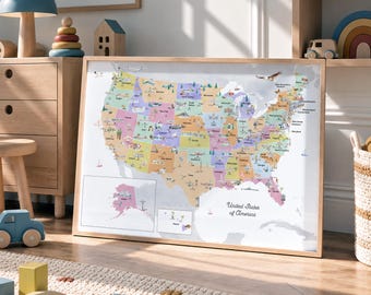 May include: A framed wall map of the United States of America featuring colorful state borders, illustrated landmarks, and wildlife icons. The map includes inset boxes for Alaska and Hawaii, with the text United States of America printed in black.