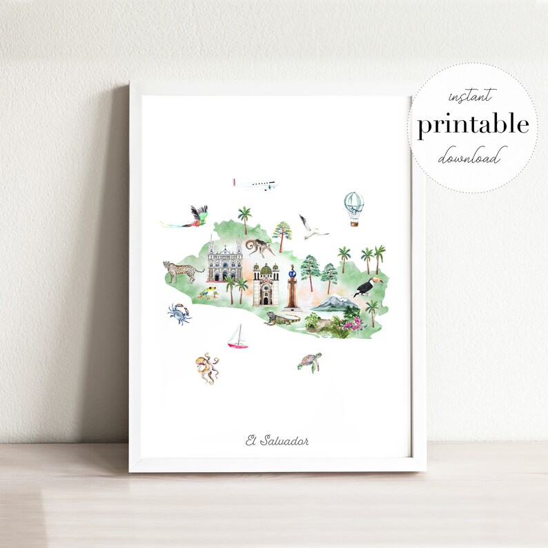 Puede incluir: Una ilustraci&oacute;n de acuarela de El Salvador, con monumentos emblem&aacute;ticos, animales y plantas. El mapa est&aacute; rodeado por un marco blanco y el texto "descarga instant&aacute;nea imprimible" est&aacute; en la esquina superior derecha.