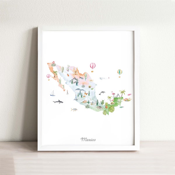 Mexico Map Art Print Illustrated, watercolor nursery decor, country map poster for kids rooms, nursery art, travel map, map print wanderlust