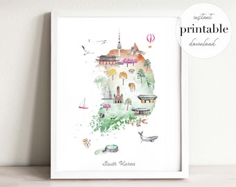 Südkorea Landkarte Print: Aquarell Wahrzeichen, Tiere (Digitaler Download)