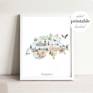 Puede incluir: Un mapa en acuarela enmarcado de Suiza con ilustraciones de monumentos, montañas, árboles, un globo aerostático y fauna. El texto "Switzerland" aparece en la parte inferior y una insignia circular dice "instant printable download."