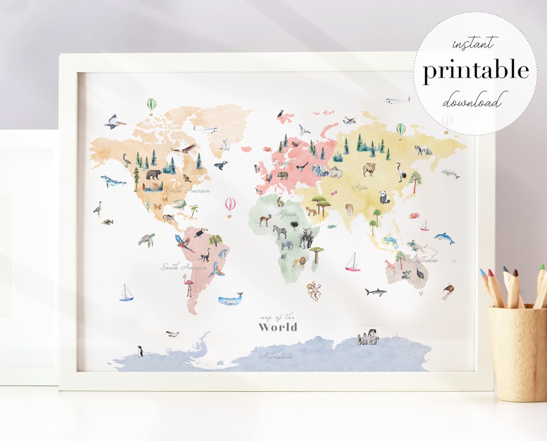 Colorful Animal World Map Printable Nusery Art Print Kids Room Travel ...