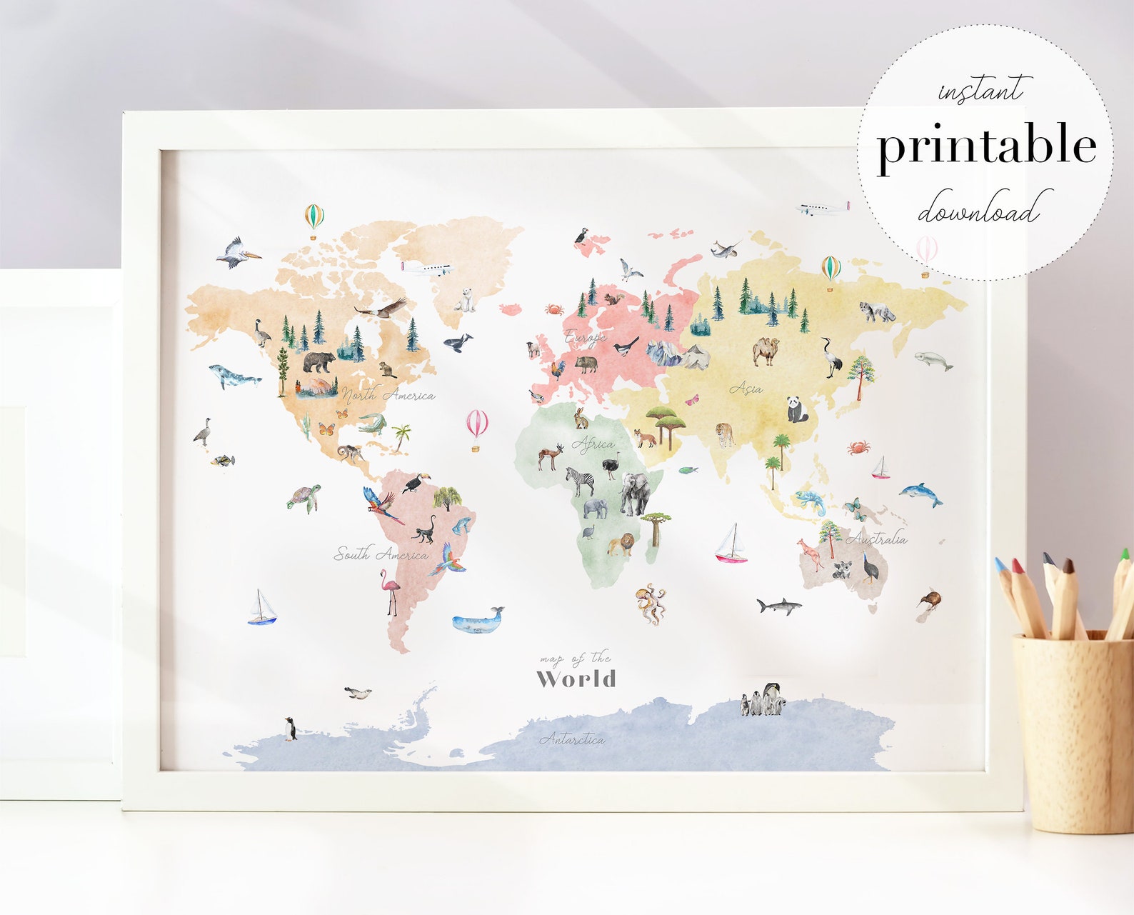 Colorful Animal World Map Printable Nusery Art Print Kids | Etsy