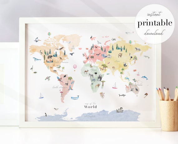Colorful Animal World Map Printable Nusery Art Print Kids | Etsy