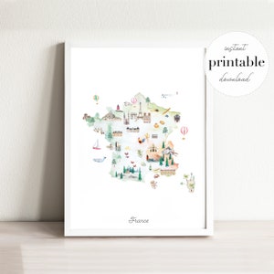 Frankrijk geïllustreerde kaart afdrukbaar, kunst aan de muur print, kinderkamer decor, mijlpaal, kinderkamer, reisprint, tekening, Engeland, landkaart