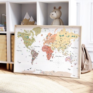 Erdtöne lehrreiche druckbare Weltkarte | Homeschooling Weltkarte | Kinderzimmer Weltkarte | Politische Weltkarte | Kunstdruck für das Kinderzimmer
