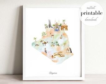 Algeria Map Print: Watercolor Landmarks, Travel Art (Digital Download)