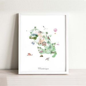 Impression d'art de carte de la Martinique, art mural, décoration de chambre d'enfant, art de pépinière, chambre d'enfants, affiche de carte du monde, carte de voyage, carte aquarelle, bohème, décoration de voyage