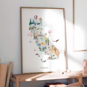 Kalifornien US Bundesstaat Karte, illustrierte Wand Kunst, Druckbare Karte, Kinderzimmer Dekoration, USA Karte, Kunstdruck, Kinderzimmer