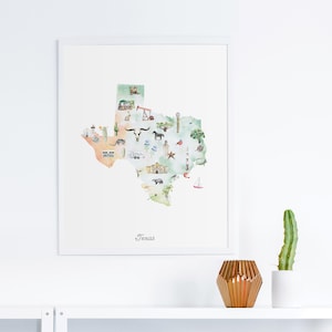 Texas illustrierte Bundesstaatskarte, Texas Wand Kunst Druck, Kinderzimmer Dekor, Kinderzimmer Wandkunst, Zustand Karte Poster, USA Reisekarte, Kinderzimmer,