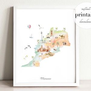 Marokko Illustrierte Karte Druckbare, Wand kunstdruck, Kinderzimmer Dekor, Sehenswürdigkeiten, Kinderzimmer, Reise druck, Zeichnung, Tier Karte, Landkarte