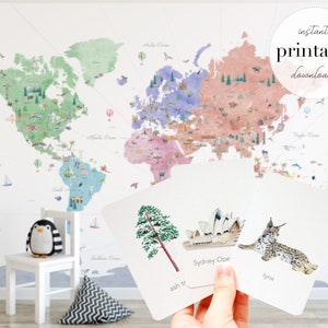 Lernwelt Karte Aktivität Set | Druckbare Homeschool Weltkarte | Homeschooling Erdkunde Aktivität Kit | Kinder Bunte Tier Weltkarte