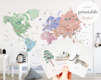 May include: A set of three printable flashcards featuring a watercolor illustration of a pine tree, the Sydney Opera House, and a lynx. The text on the cards reads "ash tr", "Sydney Ope", and "lynx".