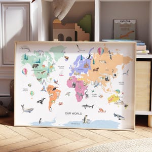 Carte du monde de chambre d'enfant au pastel | Décoration murale bohème pour enfants | Carte du monde des enfants | Impression de voyage pour chambre d'enfant | Décoration d'intérieur, carte du monde