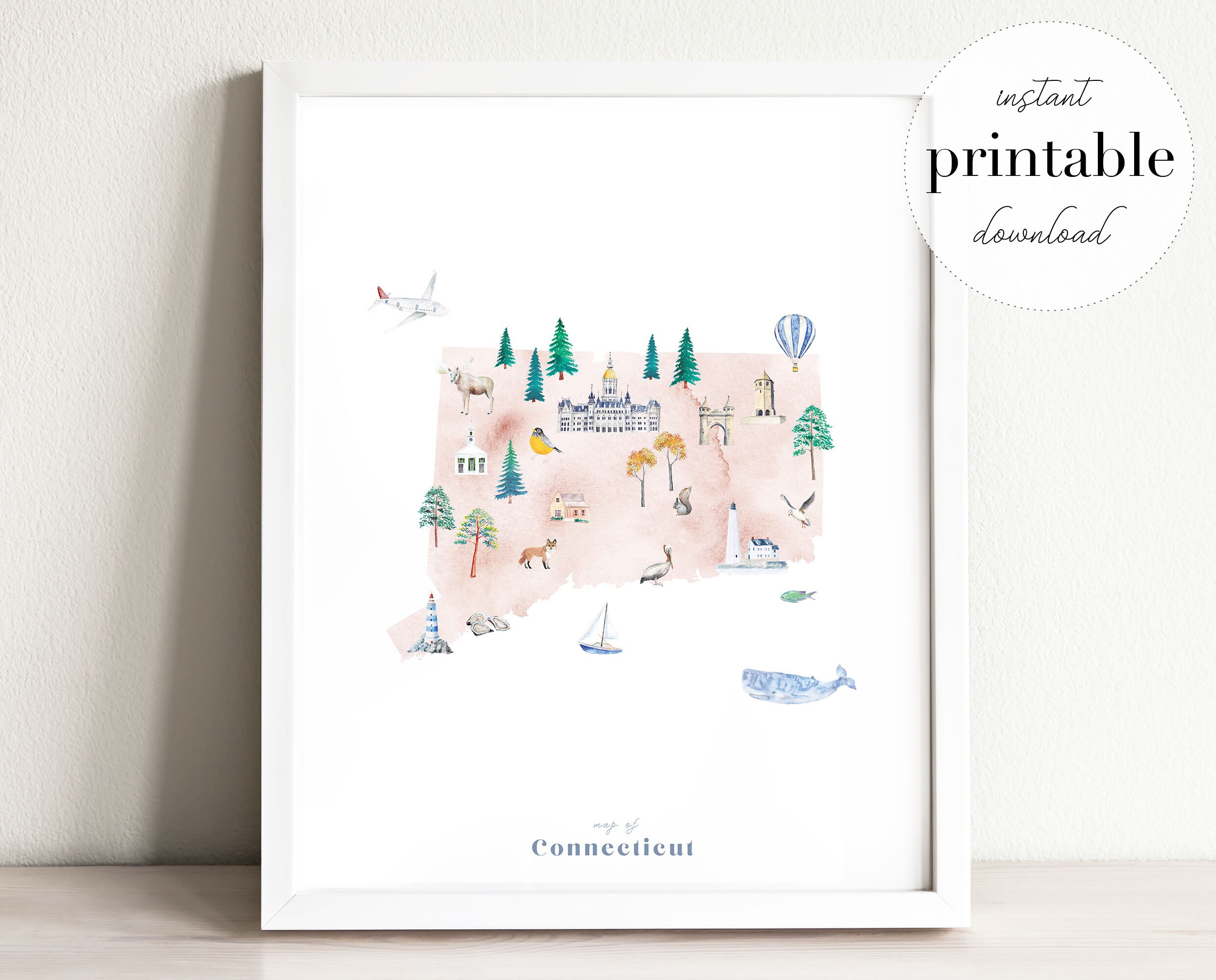 Connecticut Printable State Map illustrated wall art print | Etsy