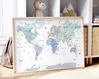 Cool Tones Educational World Map | Boho Kids Wall Art | Kids World Map | Nursery Decor Travel Art Print | Illustrated World Map Home Decor