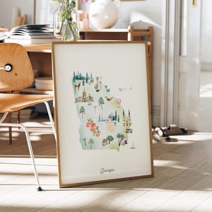 Georgia illustrierte Zustand Karte, Wand, Kunst Druck, Wandkunst, Zustand Karte Poster, USA Reise Karte, Kinderzimmer, Aquarell, Reise Dekor