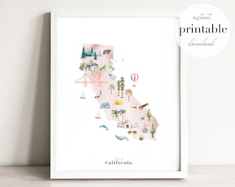 California Printable State Map, illustrated wall art print, nursery decor, nursery wall art, state map poster, USA travel map, kids room