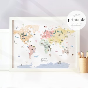 Bunte Tierweltkarte zum Ausdrucken | Baumschule Kunstdruck | Kinderzimmer Reisedekoration | Wandkarte Kunstdruck | Aquarellkarte der Welt | Reisen