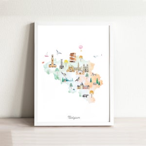 Bélgica mapa arte impresión / mapa de viaje de acuarela ilustrada / decoración de la guardería impresión de arte / impresión de la habitación de los niños / decoración del viaje del arte de la guardería / Europa