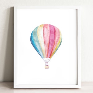 Rainbow Hot Air Balloon Art Print, illustration, impression d'art mural, décor de pépinière, chambre d'enfant, impression de voyage, art de voyage, impression mignonne, chambre de bébé