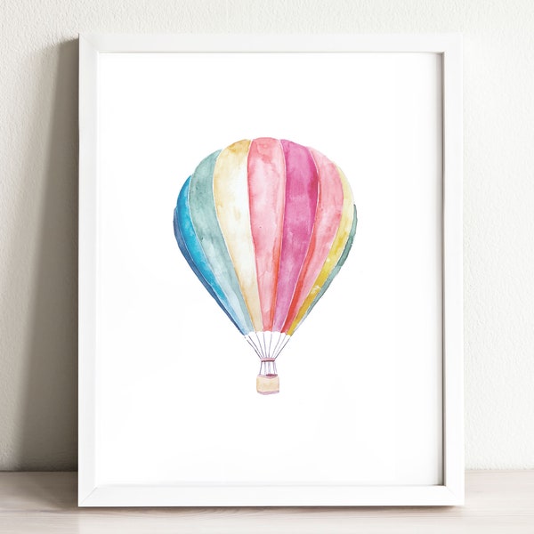 Rainbow Hot Air Balloon Art Print, illustration, wall art print, nursery decor, kids room, travel print, travel art, cute print, baby room