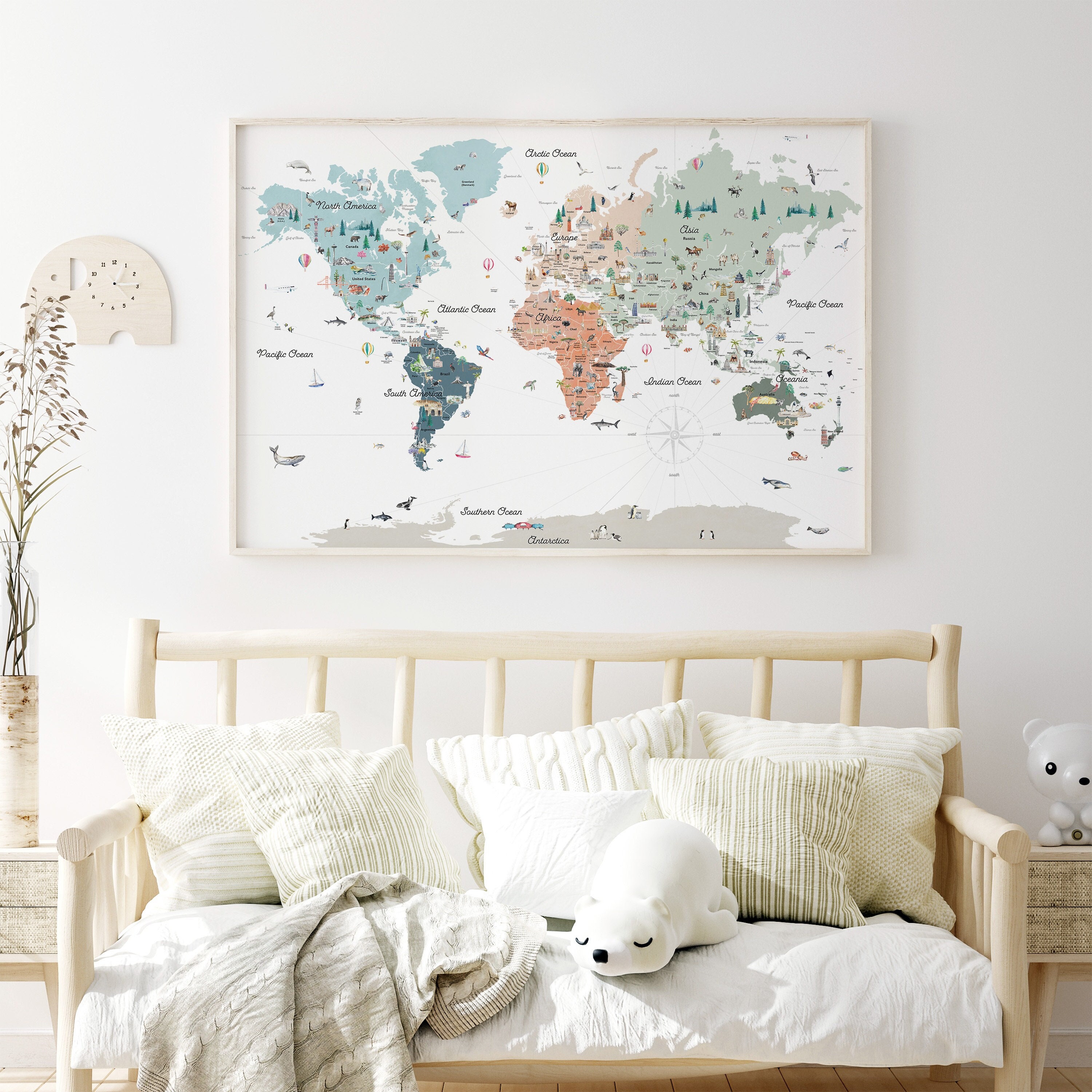 Stampa mappa del mondo scandinava neutra educativa: decorazioni per la cameretta dei bambini