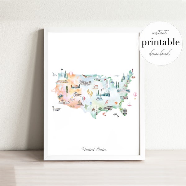 United States Illustrated Map Printable, wall art print, nursery decor, landmarks, kids room, travel print, drawing, animal map, country map