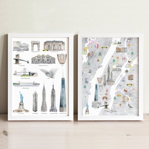 New York Map & Wahrzeichen Kunstdruck-Set | Kunstdruck | Stadt Karte Drucken | Wanderlust Dekor | Stadt Karte Kunstdrucke | USA | Manhattan