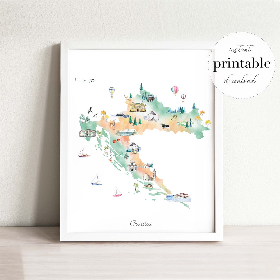 Croatia Illustrated Map Printable, Wall Art Print, Watercolor Map, Landmarks, Kids Room, Travel ...